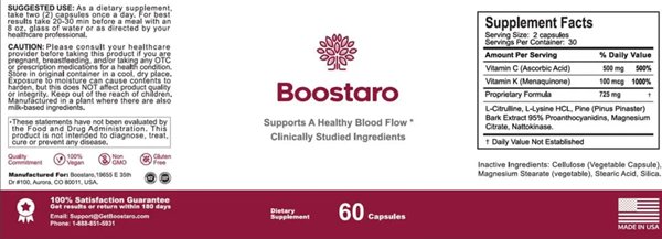 Boostaro supplement facts label — full ingredient breakdown