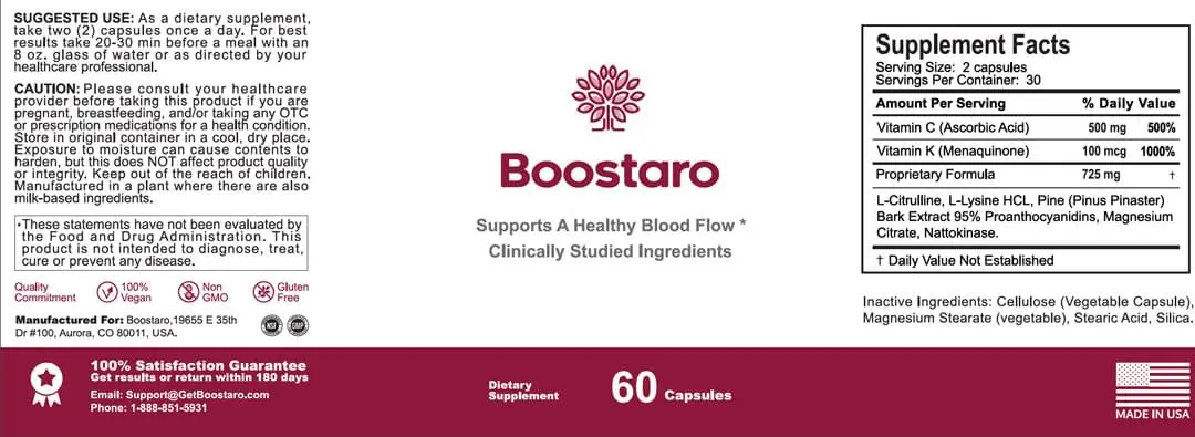 Boostaro ingredients label and Supplement Facts